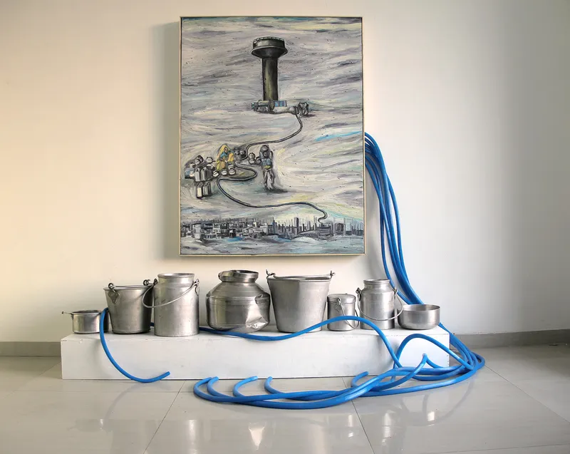 For the Privileged Class I, Oil on canvas, plastic pipe, aluminum and steel vessel, 2014 – Painting by Nabanita Saha