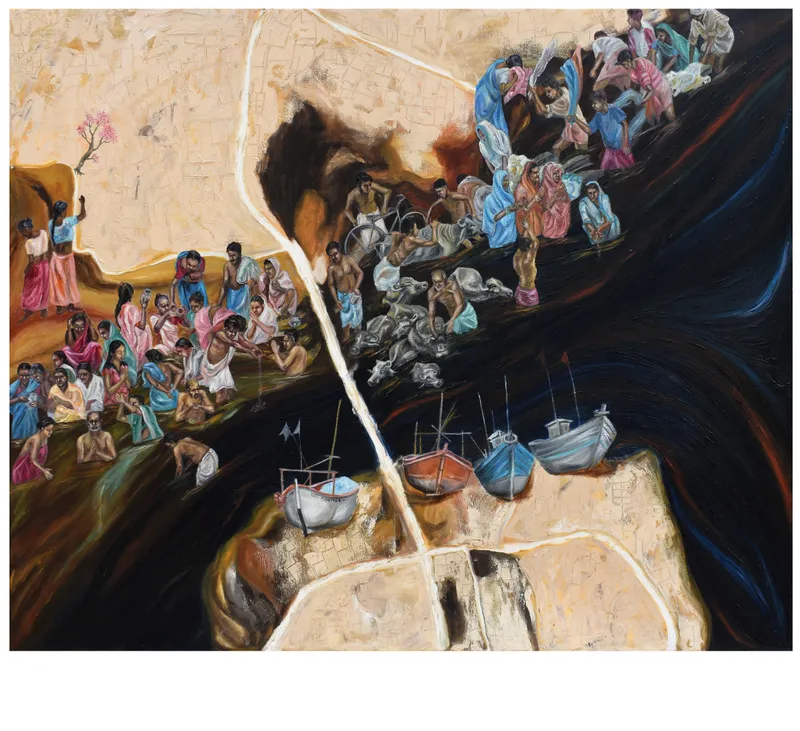 Degradation of Divine Lifeline – I, Oil on canvas, 2022 – Painting by Nabanita Saha