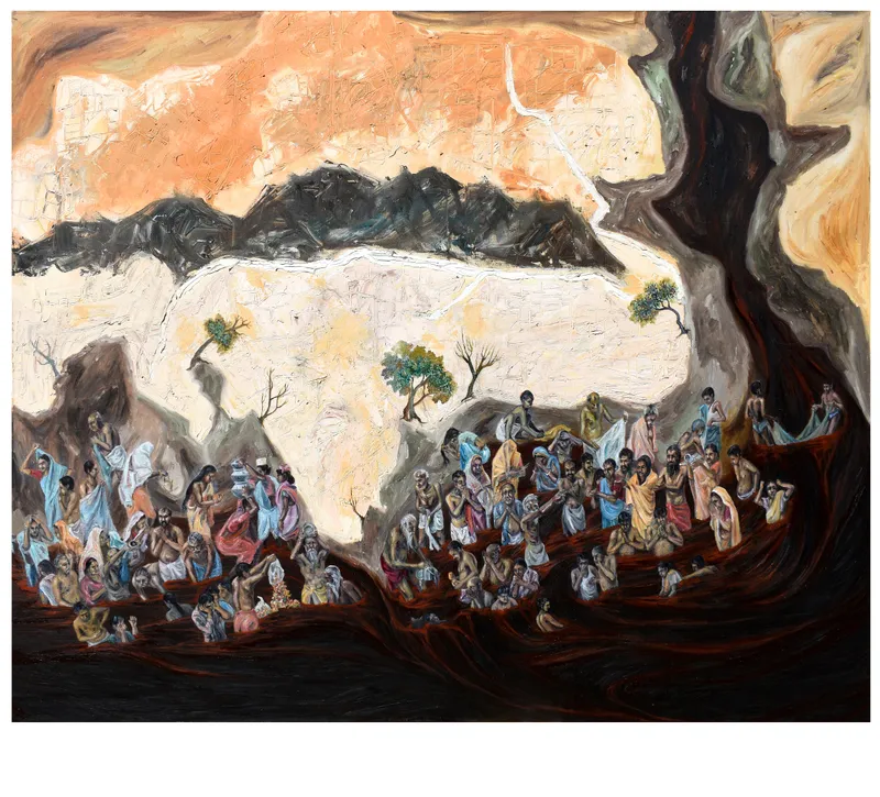 Degradation of Divine Lifeline – II, Oil on canvas, 2022 – Painting by Nabanita Saha