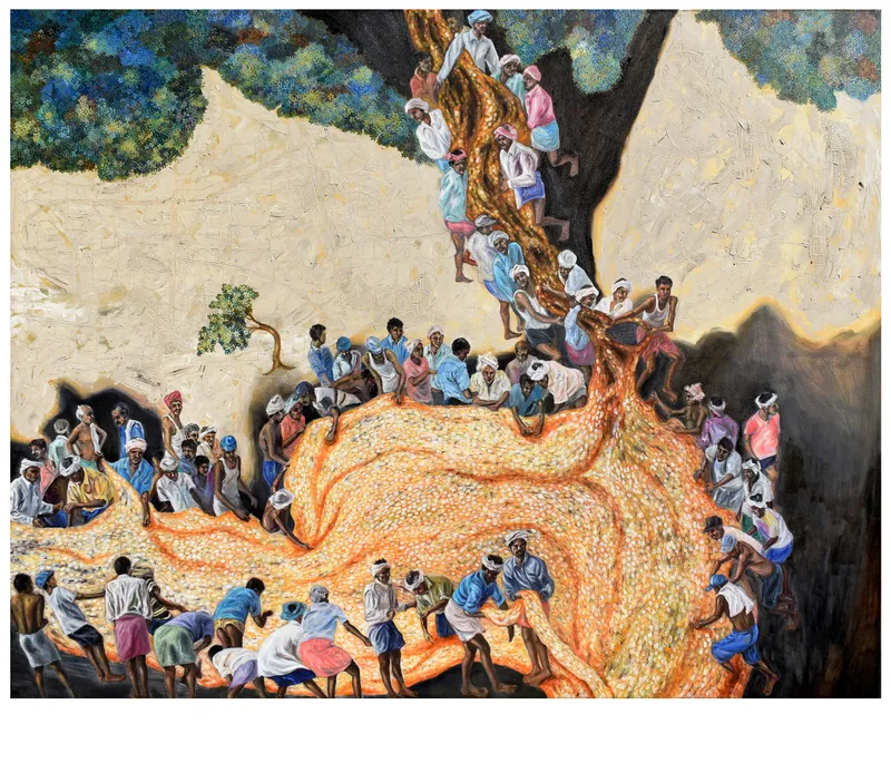 Degradation of Divine Lifeline – VI, Oil on canvas, 2022 – Painting by Nabanita Saha