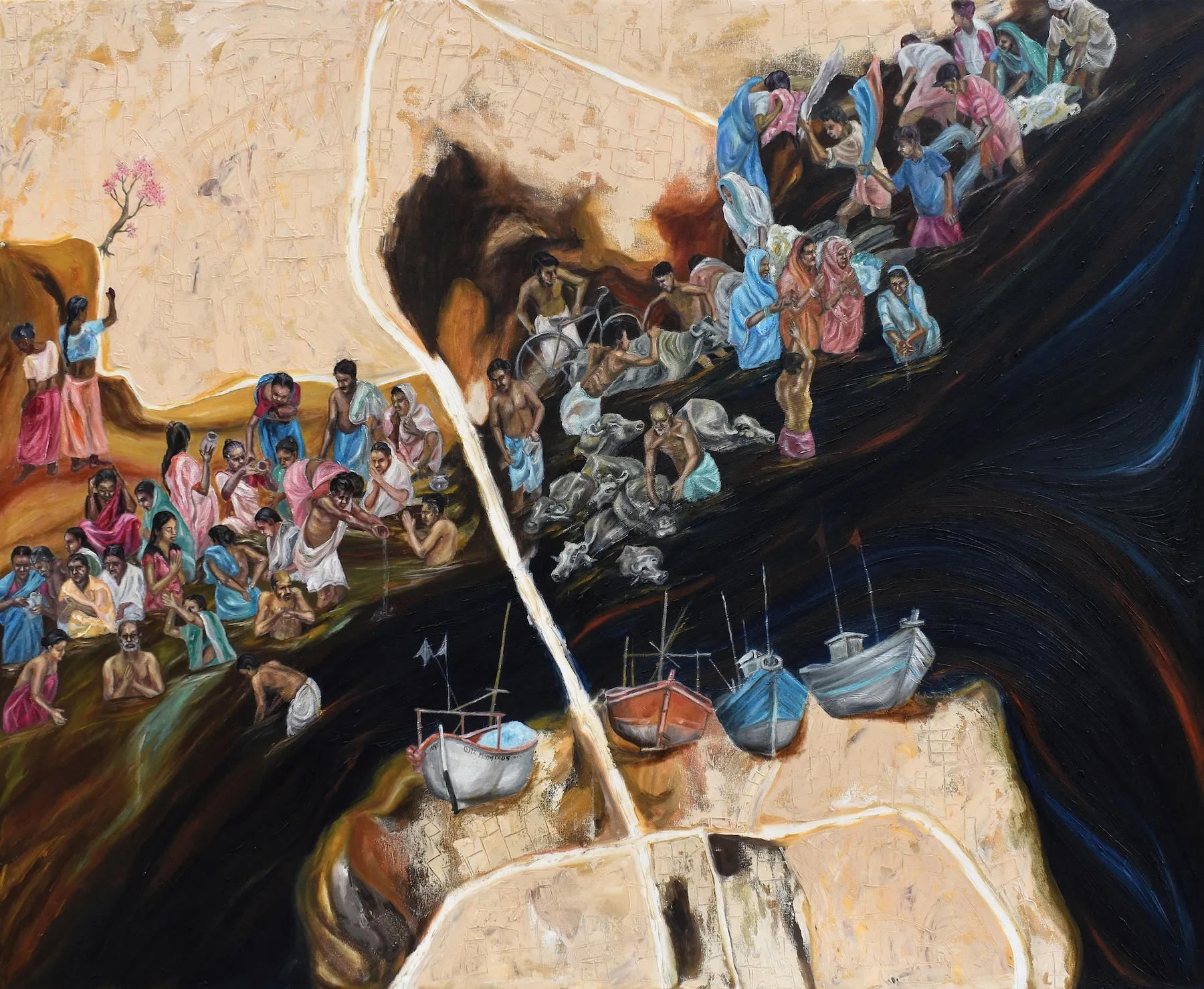 Degradation of Divine Lifeline – I, Oil on canvas, 2022 – Painting by Nabanita Saha