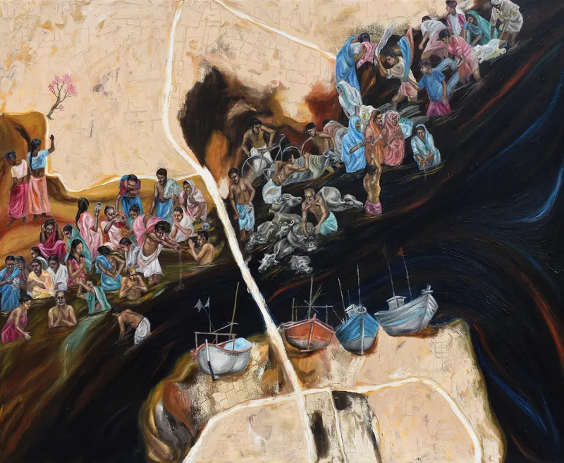 Degradation of Divine Lifeline – I, Oil on canvas, 2022 – Painting by Nabanita Saha