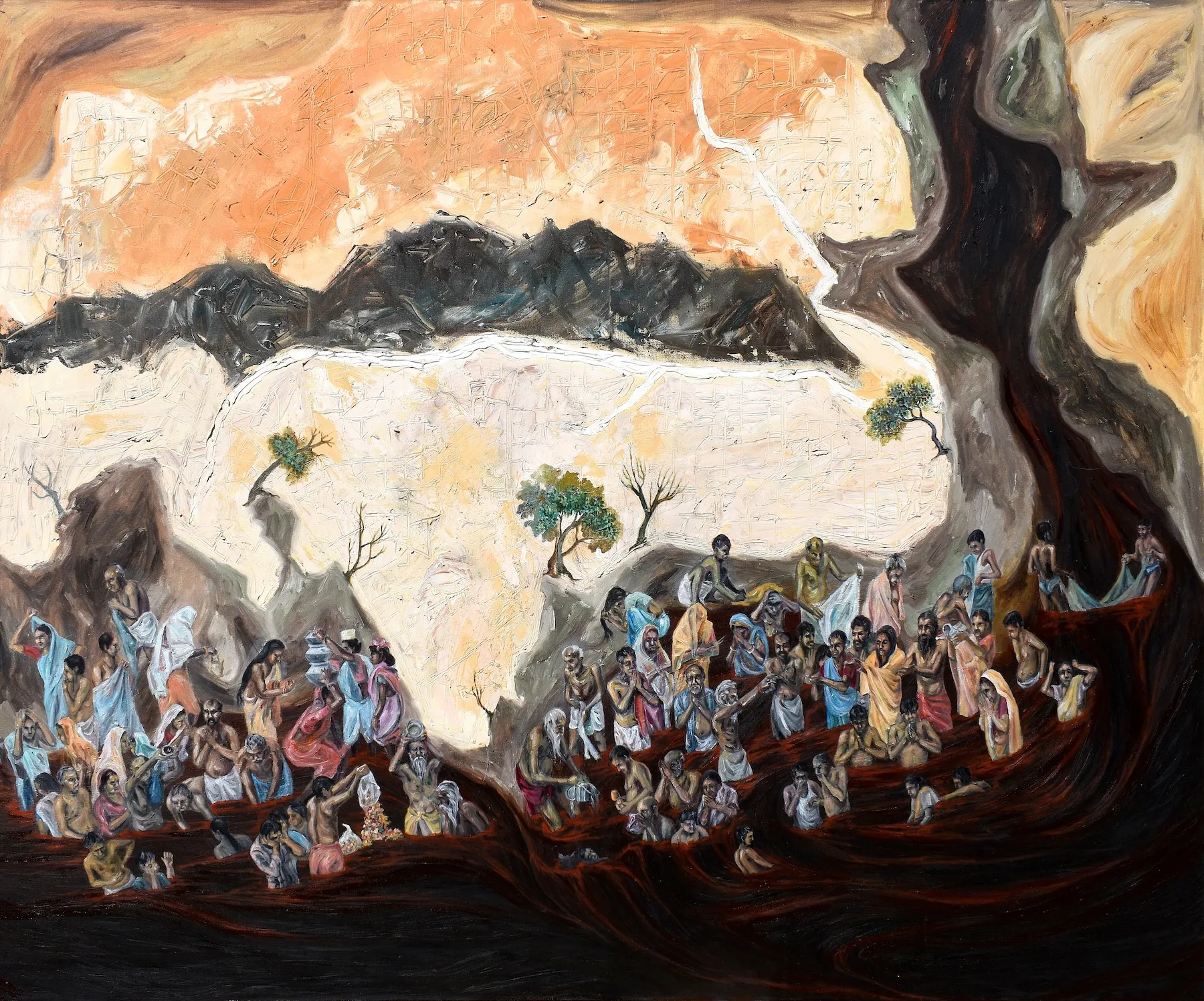 Degradation of Divine Lifeline – II, Oil on canvas, 2022 – Painting by Nabanita Saha