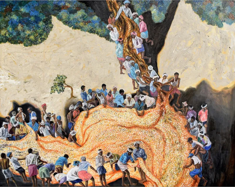 Degradation of Divine Lifeline – VI, Oil on canvas, 2022 – Painting by Nabanita Saha