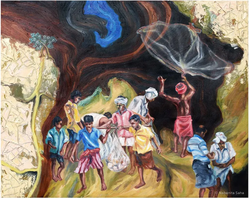 Degradation of Divine Lifeline – X, Oil on canvas, 2024 – Painting by Nabanita Saha