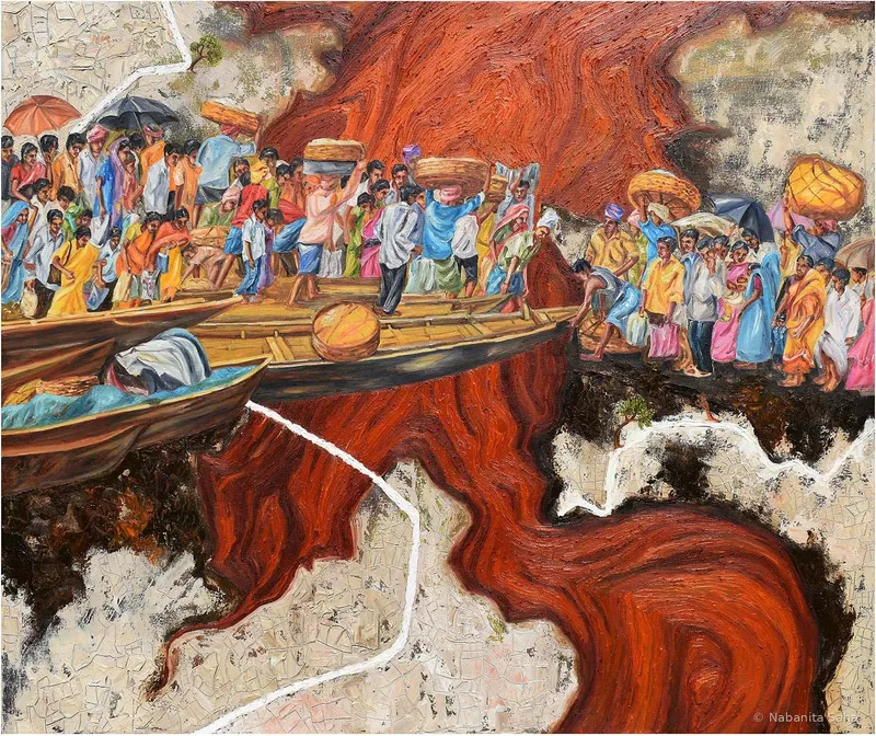 Degradation of Divine Lifeline – XI, Oil on canvas, 2024 – Painting by Nabanita Saha