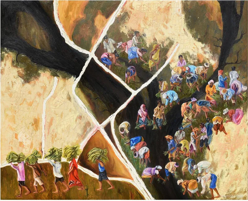 Degradation of Divine Lifeline – XIII, Oil on canvas, 2024 – Painting by Nabanita Saha