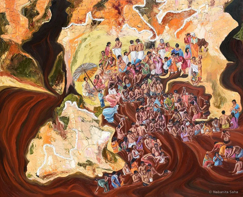 Degradation of Divine Lifeline – XVI, Oil on canvas, 2025 – Painting by Nabanita Saha