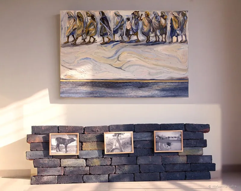 Economical Outcast I, Mixed media — oil on canvas, brick, photograph, 2014 – Painting by Nabanita Saha