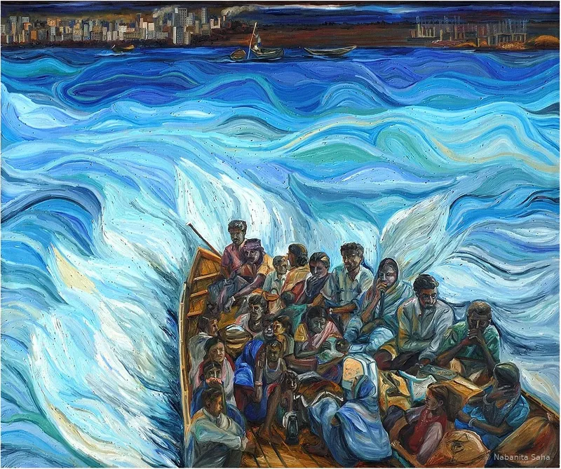 Exodus 1, Oil on canvas, 2011 – Painting by Nabanita Saha