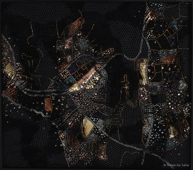 Inverted Firmament II, Mixed media — Embroidery in fabric, cotton net and thread, 2019 – Painting by Nabanita Saha