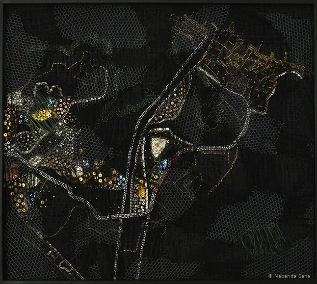 Inverted Firmament III, Mixed media — Embroidery in fabric, cotton net and thread, 2019 – Painting by Nabanita Saha