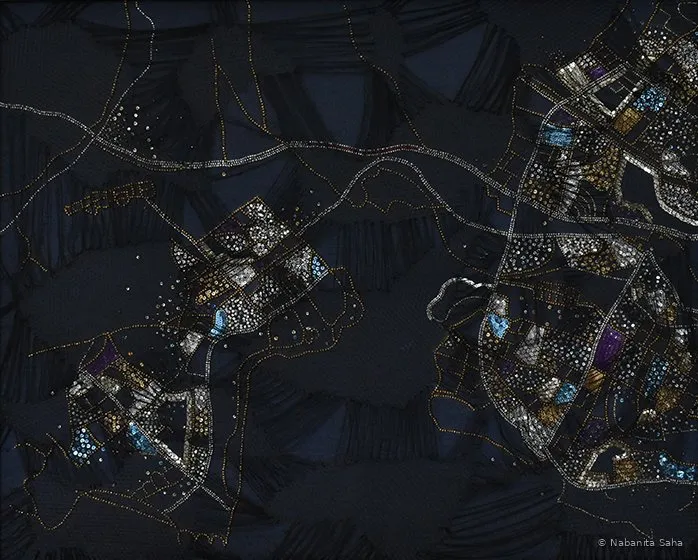 Inverted Firmament IV, Mixed media — embroidery on fabric, cotton net and thread, 2019 – Painting by Nabanita Saha