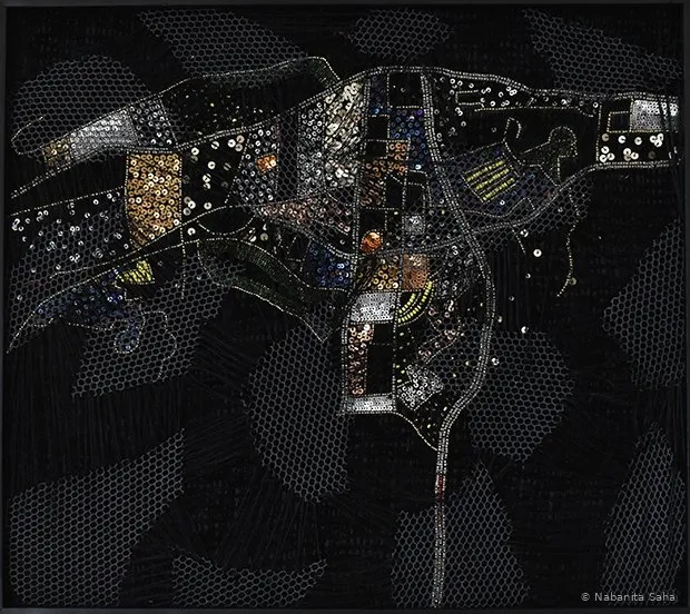 Inverted Firmament V, Mixed media — Embroidery in fabric, cotton net and thread, 2019 – Painting by Nabanita Saha