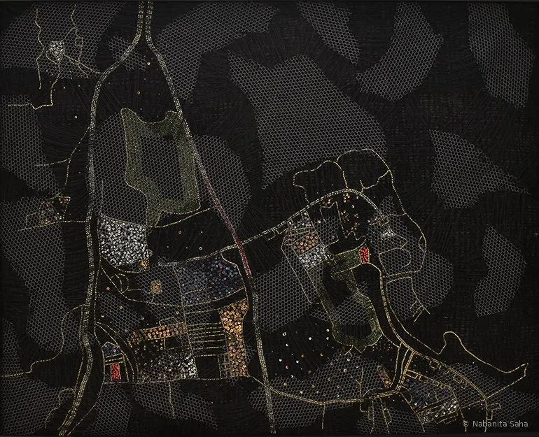 Inverted Firmament VIII, Mixed media — Embroidery in fabric, cotton net and thread, 2019 – Painting by Nabanita Saha